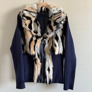 Boston Proper Faux Fur Jacket - XL - Blue Neutral Animal Print Winter Structured